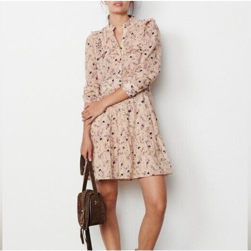 ba&sh Beige Floral Long Sleeve Mini Dress